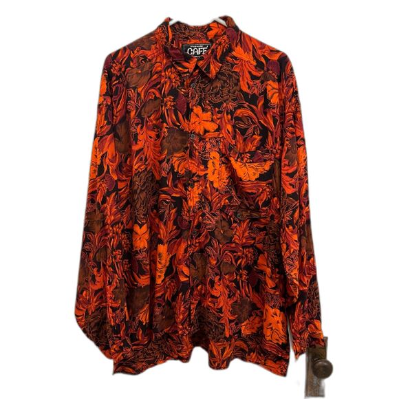 Vintage CAFE Orange Made in Italy Floarl Button Up Shirt Top Mens Size Large - Picture 2 of 9